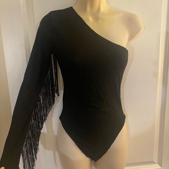 Black One-Shoulder Fringe Bodysuit Sz XS/Small - Picture 2 of 7
